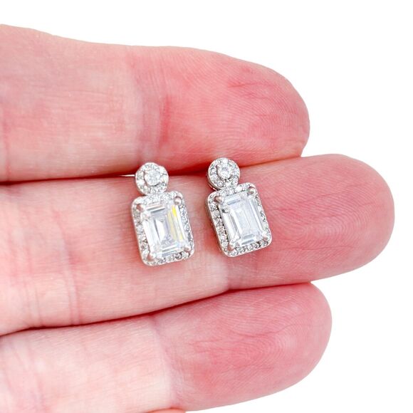 Vintage Sterling Silver 925 Cubic Zirconia Halo Drop Earrings - Picture 1 of 6